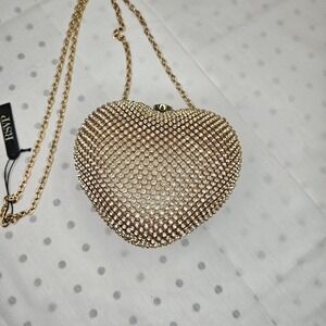 Gold Heart Shaped Rhinestone Evening Clutch Bag with Chain Strap